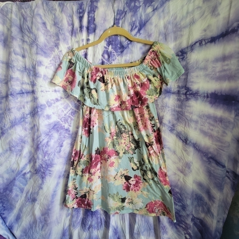 Mts Women's Scrunch Off The Shoulder Floral Blue Mini Dress Size Large - Picture 6 of 9